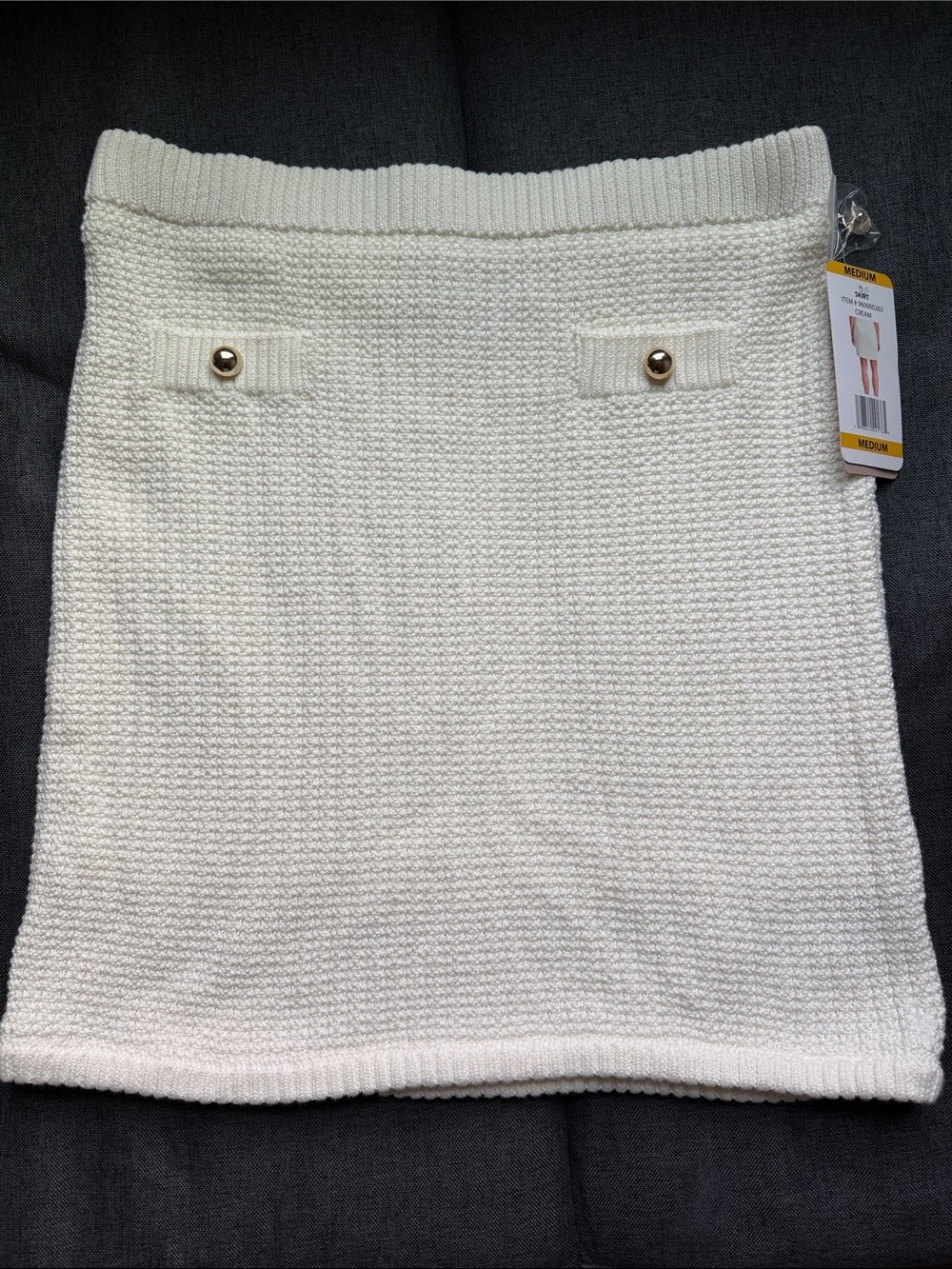 French Connection Cream Knit Midi Skirt with Gold-Tone Buttons